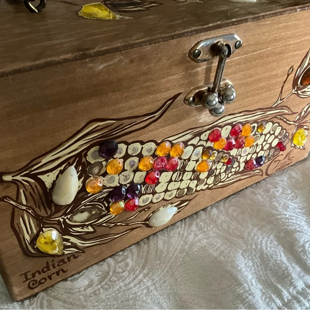 Vintage Enid Collins Texas Indian Corn Wood Box Purse Signed Mirror Inside - Picture 2 of 16